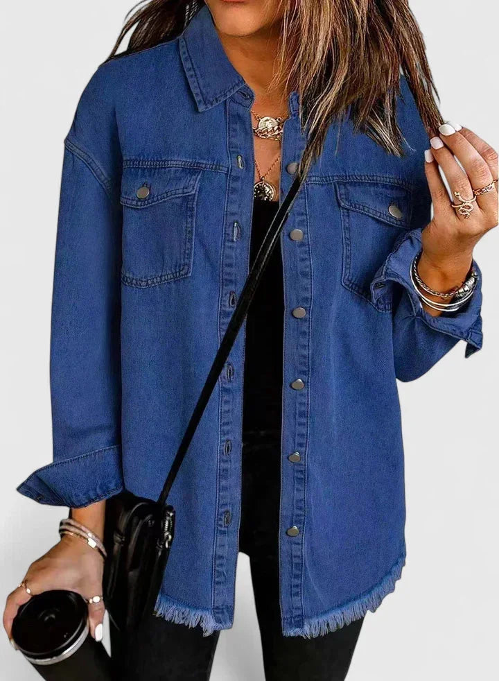 Women's button-front collared denim jacket with frayed hem