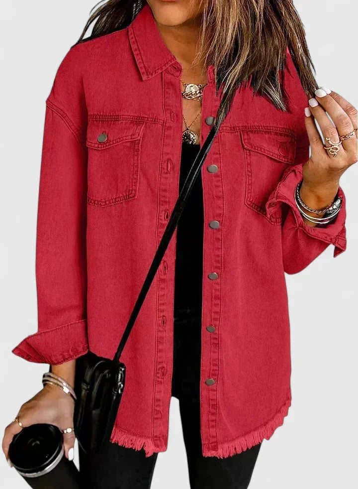Women's button-front collared denim jacket with frayed hem