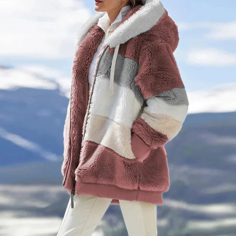 Women's colorblock borg zip-up fleece jacket