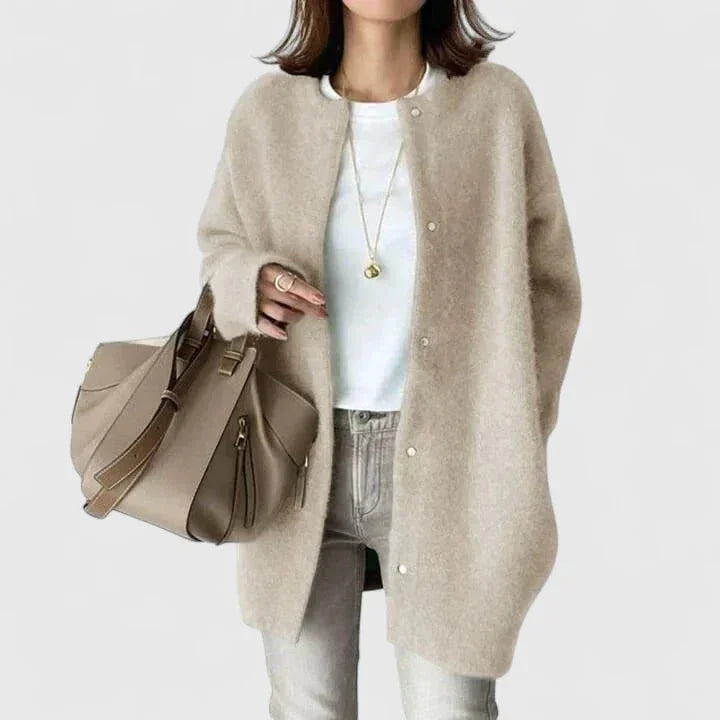 Women's knit button-front cardigan with fuzzy texture