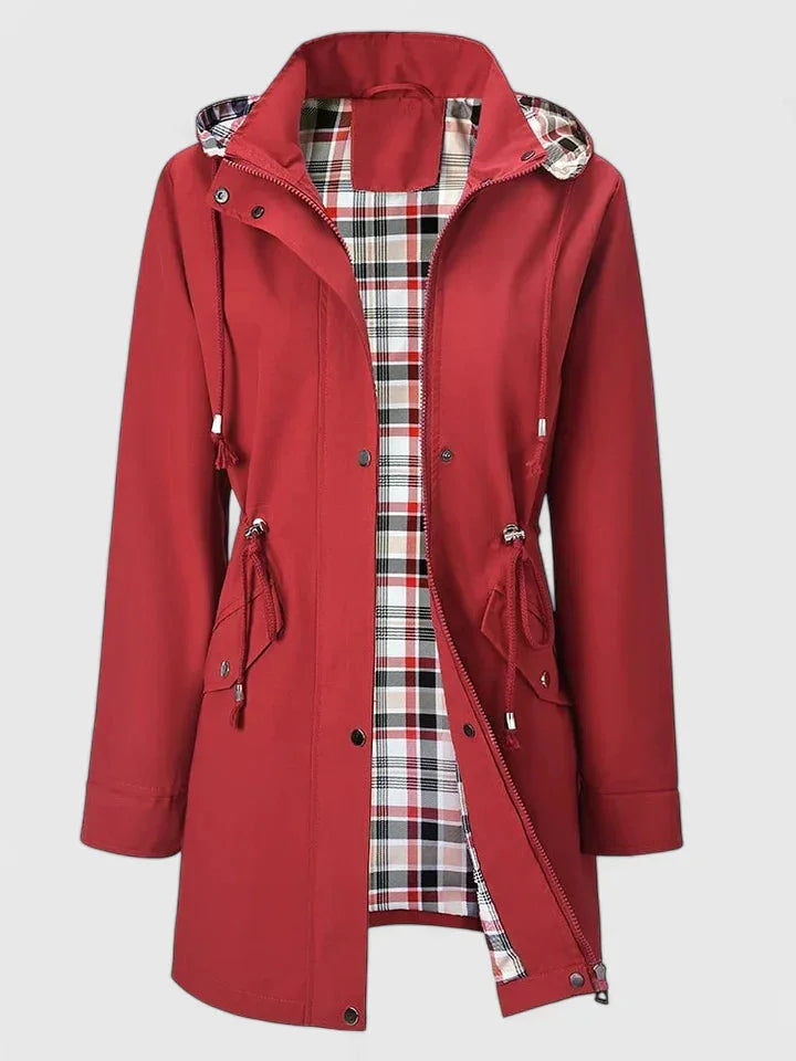Women's zip-up hooded parka with drawstring waist