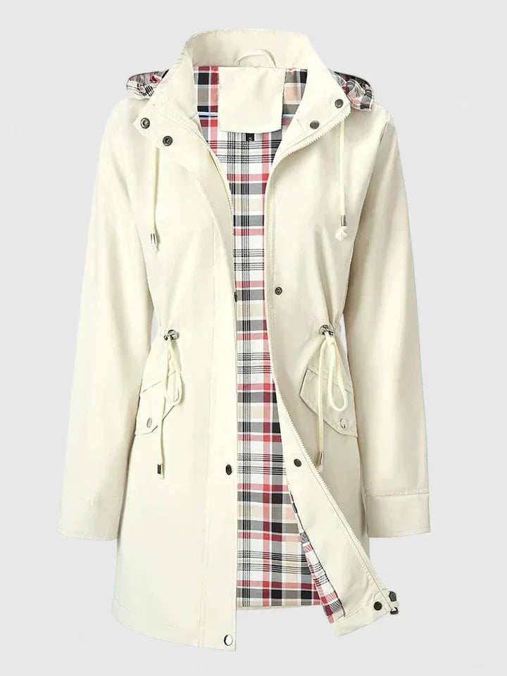 Women's zip-up hooded parka with drawstring waist