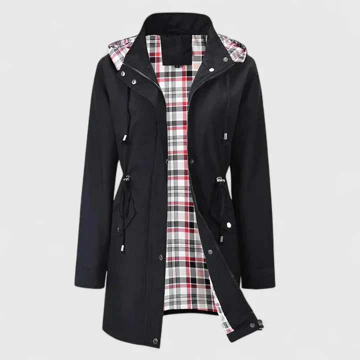 Women's zip-up hooded parka with drawstring waist