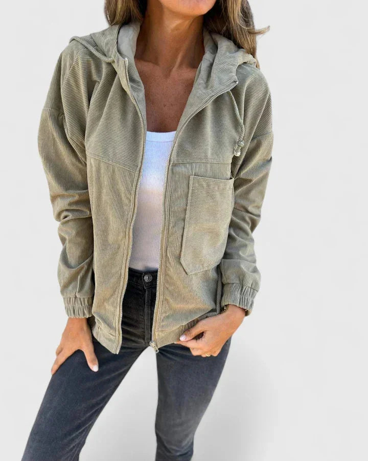 Women's corduroy zip-up hooded jacket with front patch pockets