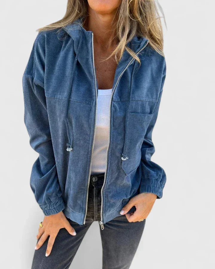 Women's corduroy zip-up hooded jacket with front patch pockets