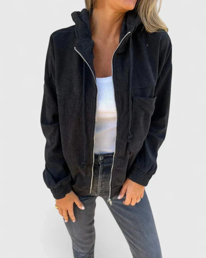 Women's corduroy zip-up hooded jacket with front patch pockets