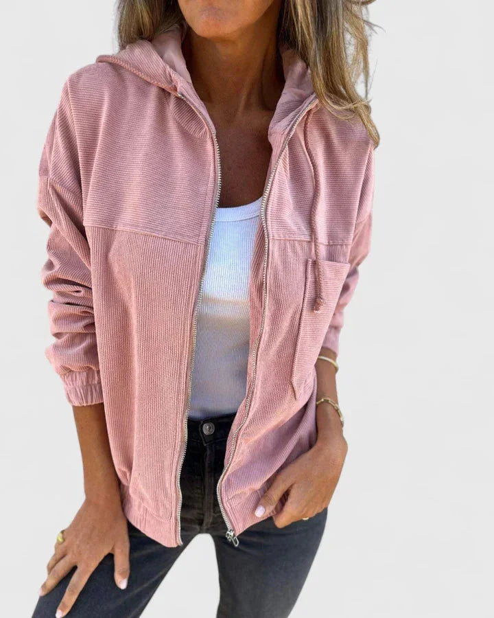 Women's corduroy zip-up hooded jacket with front patch pockets