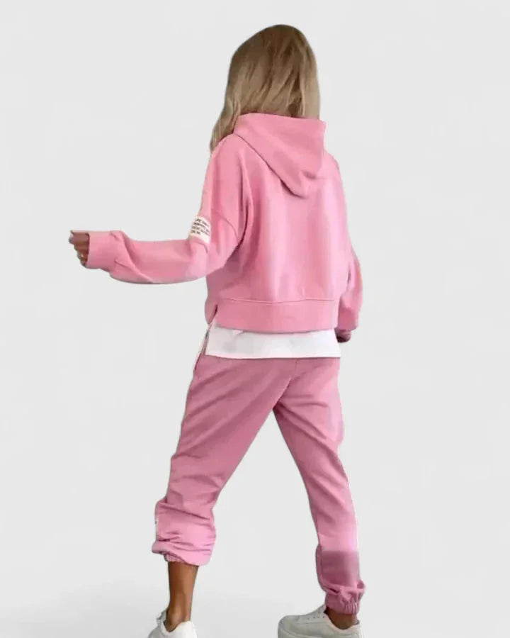 Women's fleece hooded two piece set with layered hem
