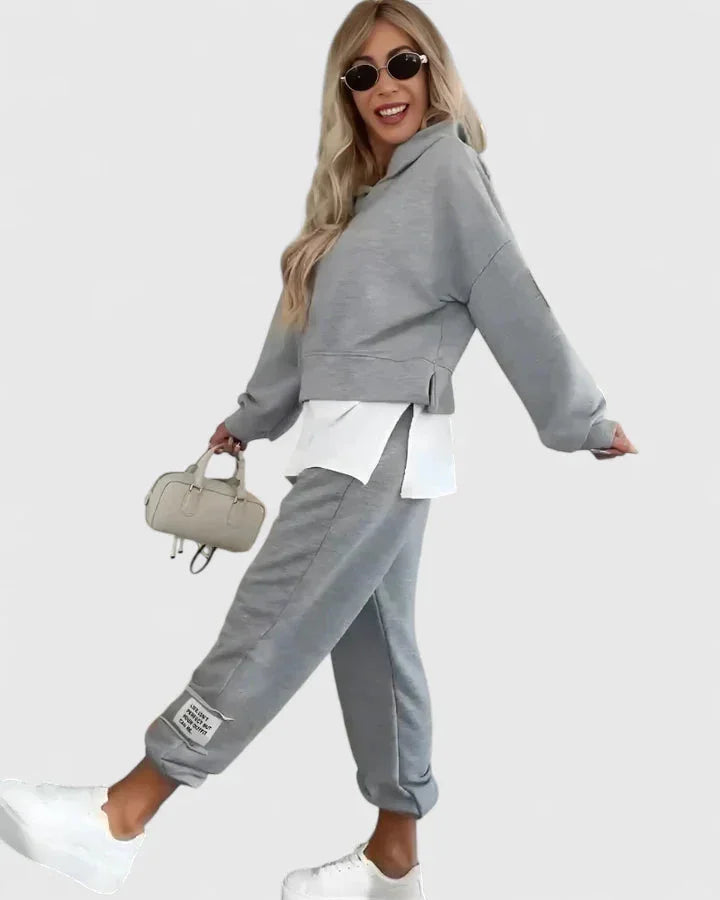 Women's fleece hooded two piece set with layered hem