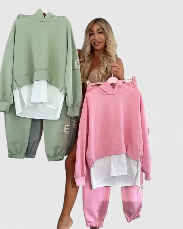 Women's fleece hooded two piece set with layered hem