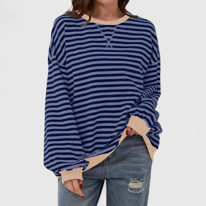 Women's striped knit crew neck sweatshirt with contrast ribbed cuffs