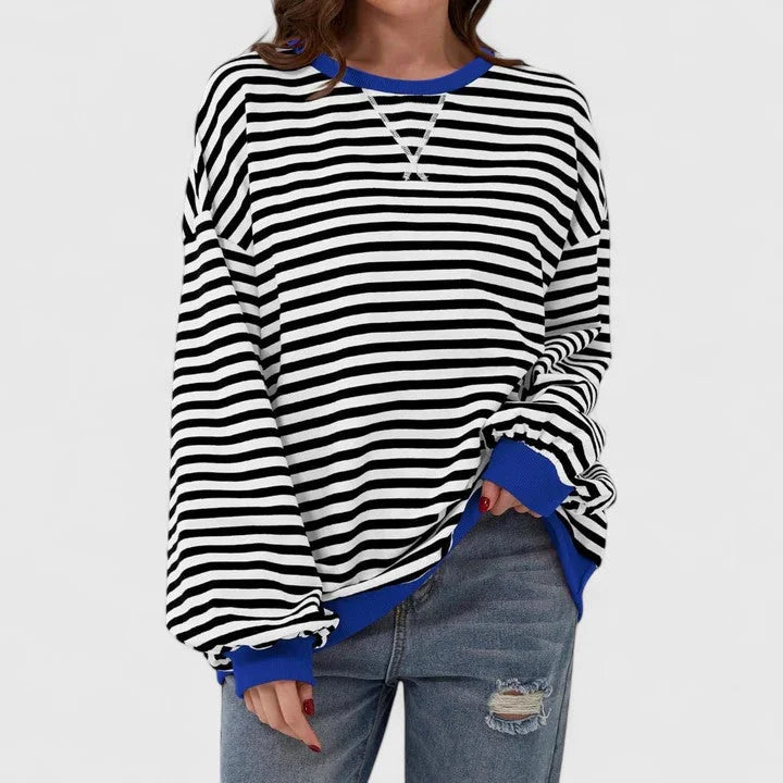 Women's striped knit crew neck sweatshirt with contrast ribbed cuffs