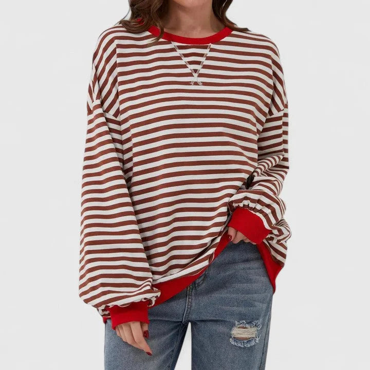 Women's striped knit crew neck sweatshirt with contrast ribbed cuffs