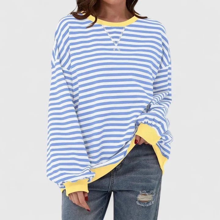 Women's striped knit crew neck sweatshirt with contrast ribbed cuffs