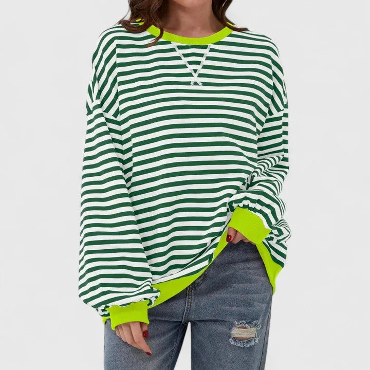 Women's striped knit crew neck sweatshirt with contrast ribbed cuffs