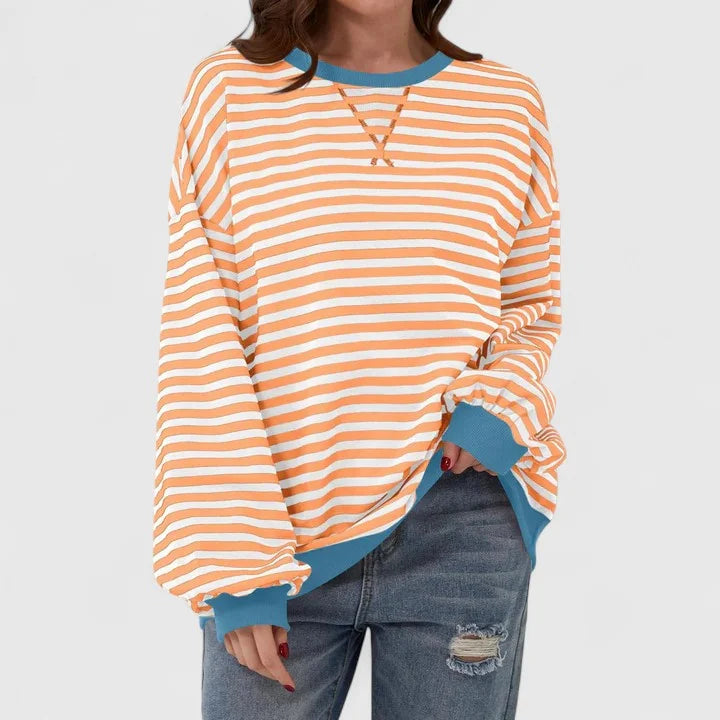 Women's striped knit crew neck sweatshirt with contrast ribbed cuffs