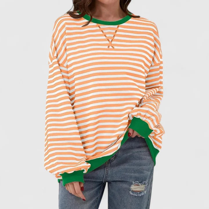 Women's striped knit crew neck sweatshirt with contrast ribbed cuffs