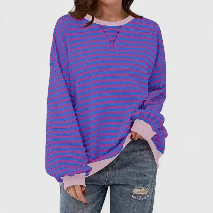 Women's striped knit crew neck sweatshirt with contrast ribbed cuffs