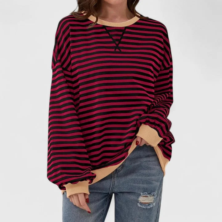 Women's striped knit crew neck sweatshirt with contrast ribbed cuffs