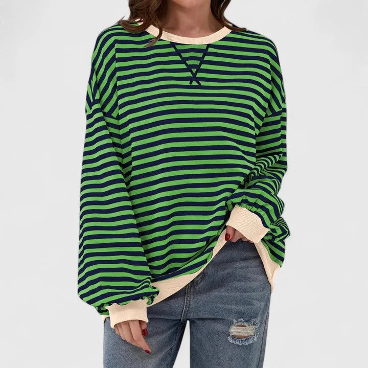 Women's striped knit crew neck sweatshirt with contrast ribbed cuffs