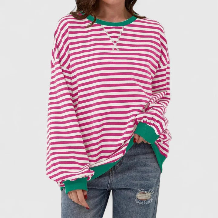 Women's striped knit crew neck sweatshirt with contrast ribbed cuffs