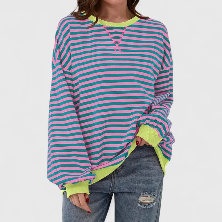 Women's striped knit crew neck sweatshirt with contrast ribbed cuffs