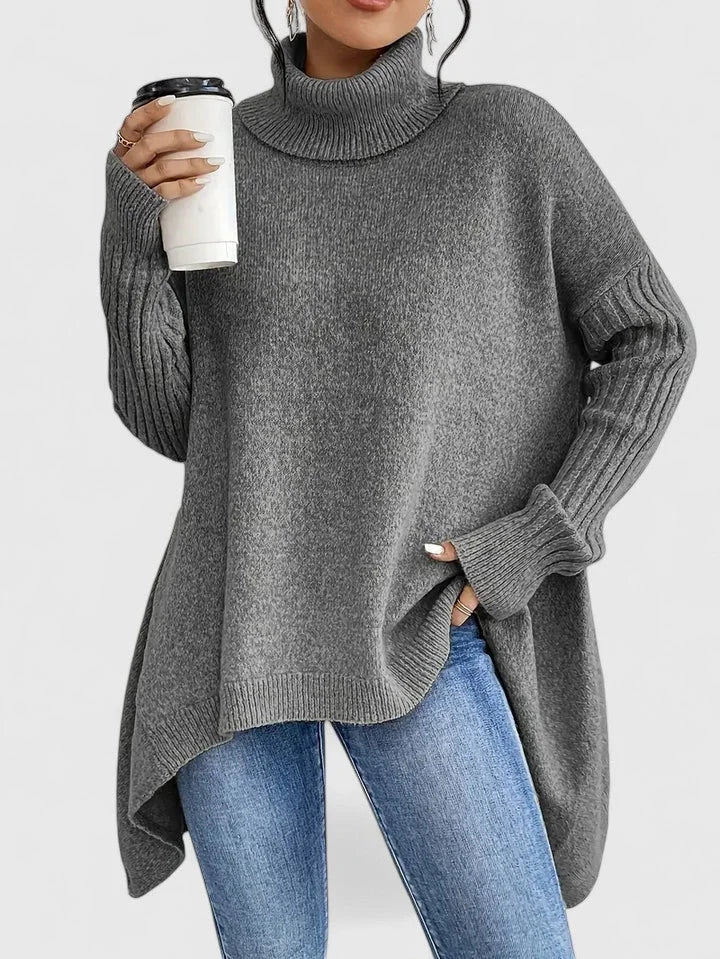 Women's knit roll neck sweater with high-low hem