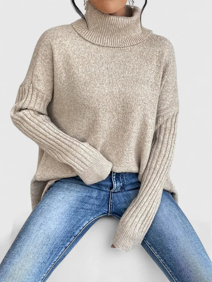 Women's knit roll neck sweater with high-low hem