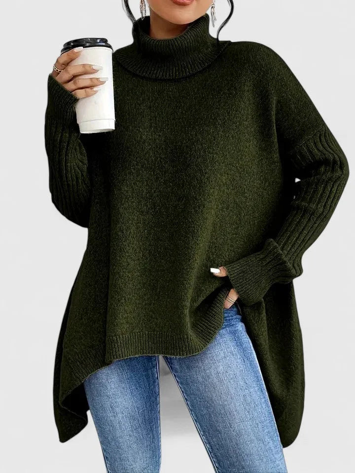 Women's knit roll neck sweater with high-low hem