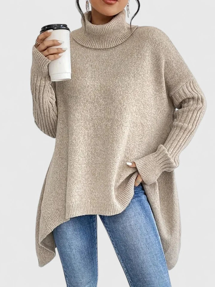 Women's knit roll neck sweater with high-low hem