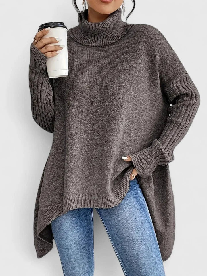 Women's knit roll neck sweater with high-low hem