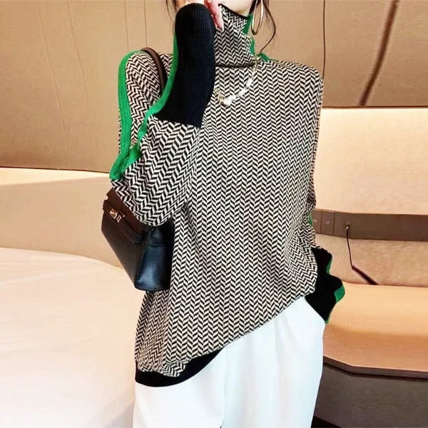 Women's herringbone knit roll neck sweater with sleeve stripes