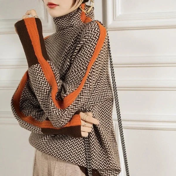 Women's herringbone knit roll neck sweater with sleeve stripes