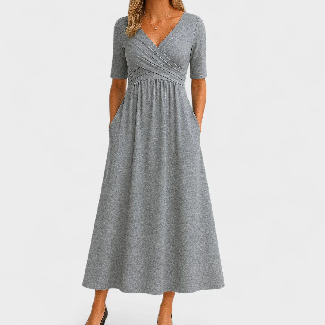 Constance | V-Neck Crossover Summer Holiday Midi Dress with Short Sleeves and Side Pockets