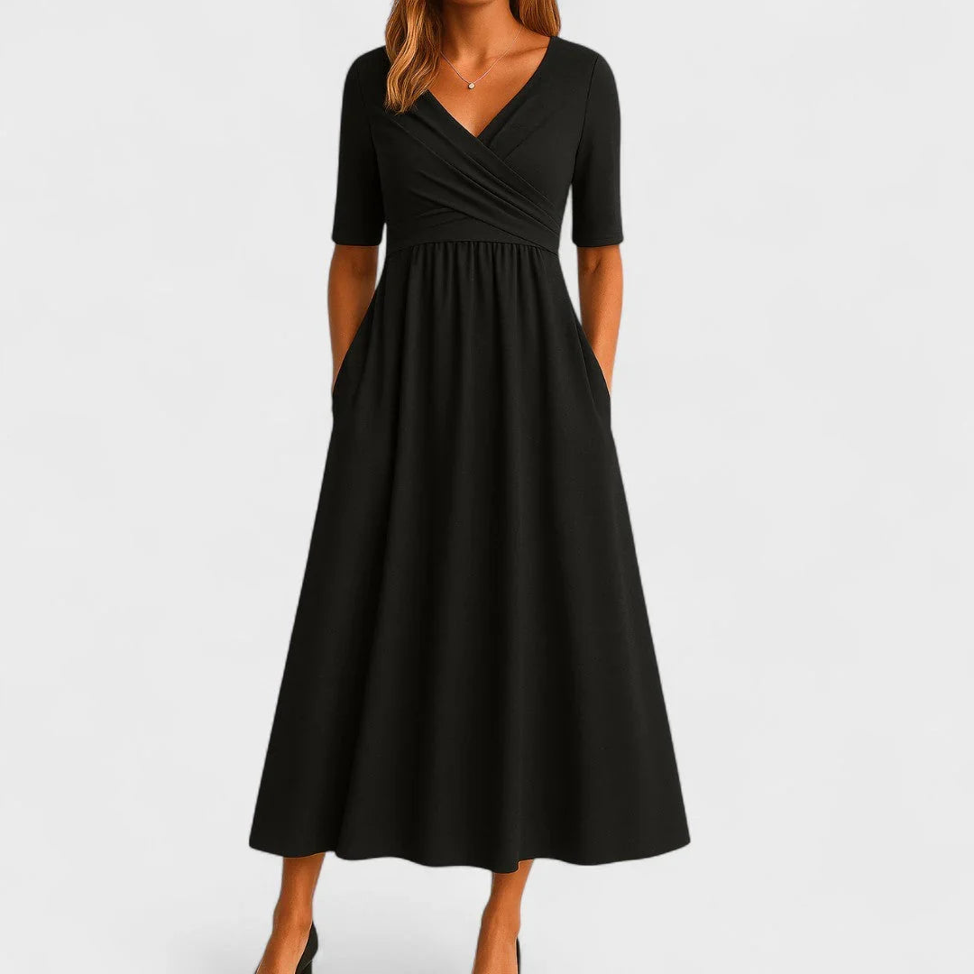 Constance | V-Neck Crossover Summer Holiday Midi Dress with Short Sleeves and Side Pockets