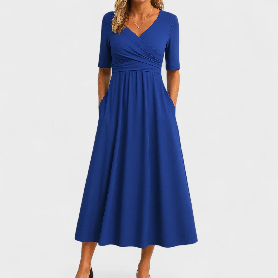 Constance | V-Neck Crossover Summer Holiday Midi Dress with Short Sleeves and Side Pockets