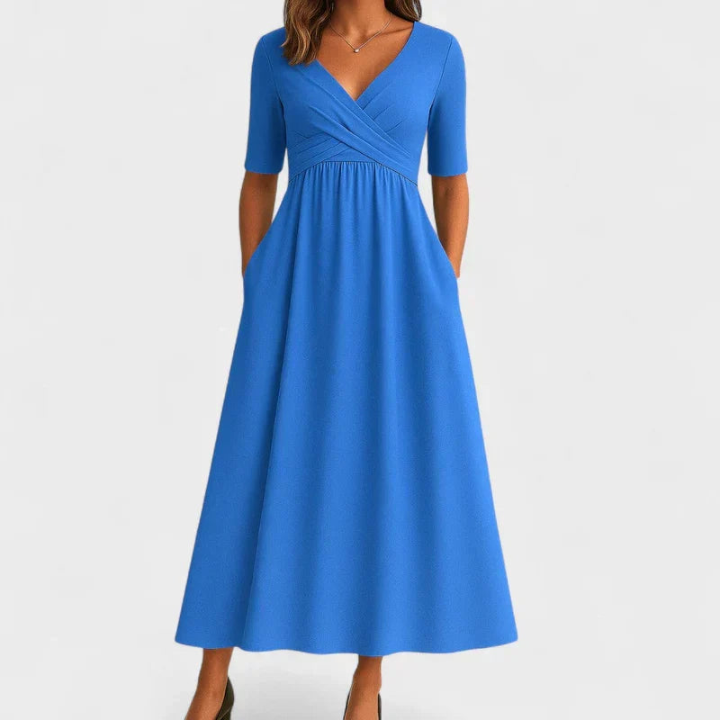 Constance | V-Neck Crossover Summer Holiday Midi Dress with Short Sleeves and Side Pockets