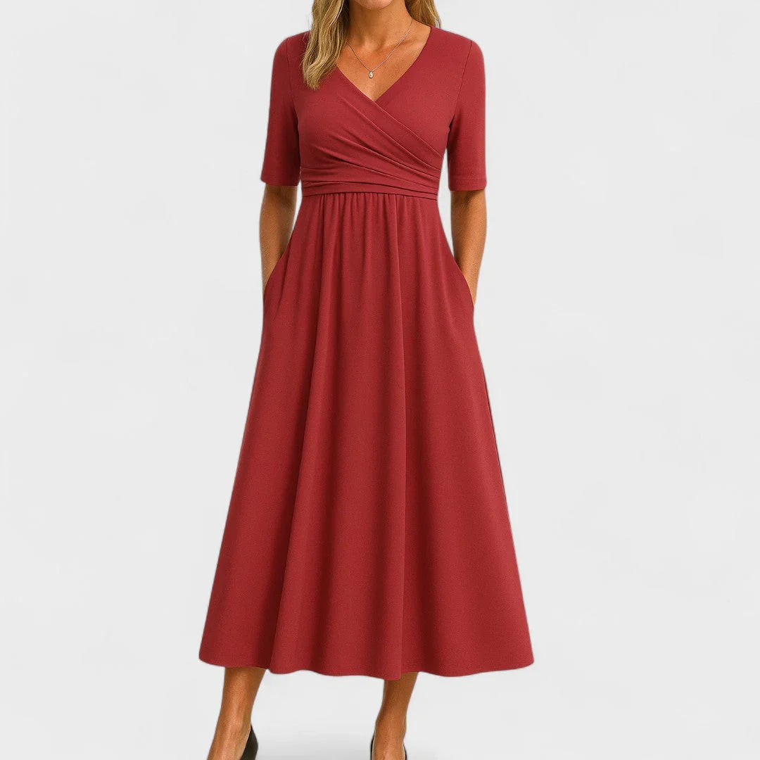 Constance | V-Neck Crossover Summer Holiday Midi Dress with Short Sleeves and Side Pockets