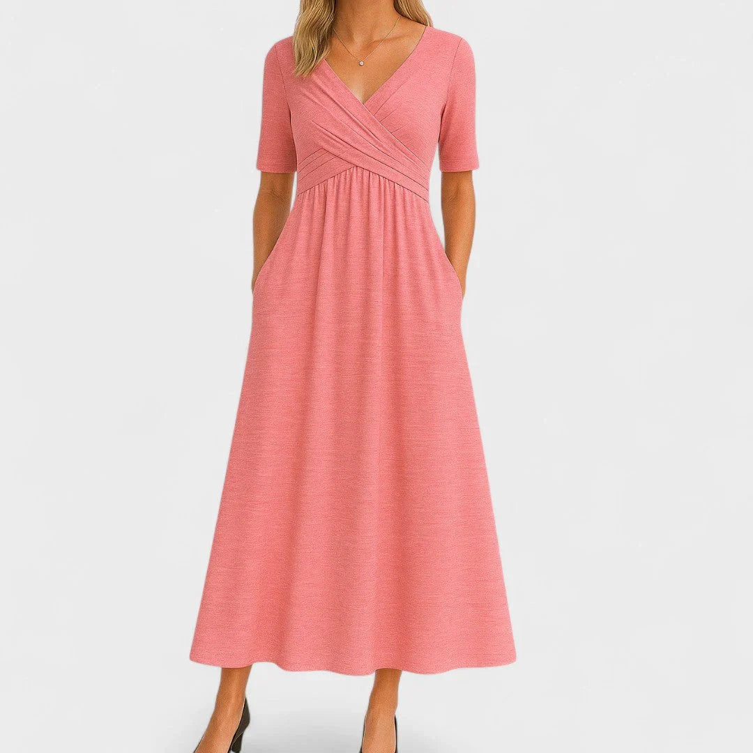 Constance | V-Neck Crossover Summer Holiday Midi Dress with Short Sleeves and Side Pockets