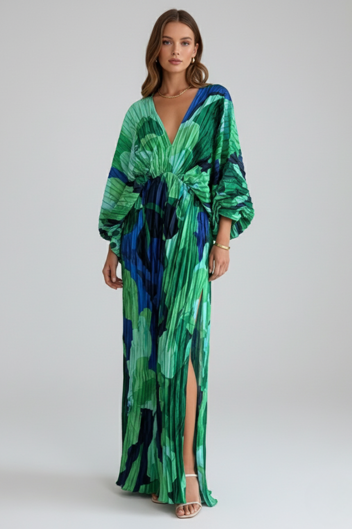 Women's Long Sleeve Maxi Dress with a V Neck | Pleated Fabric and a Printed Green Design | Size S-XL