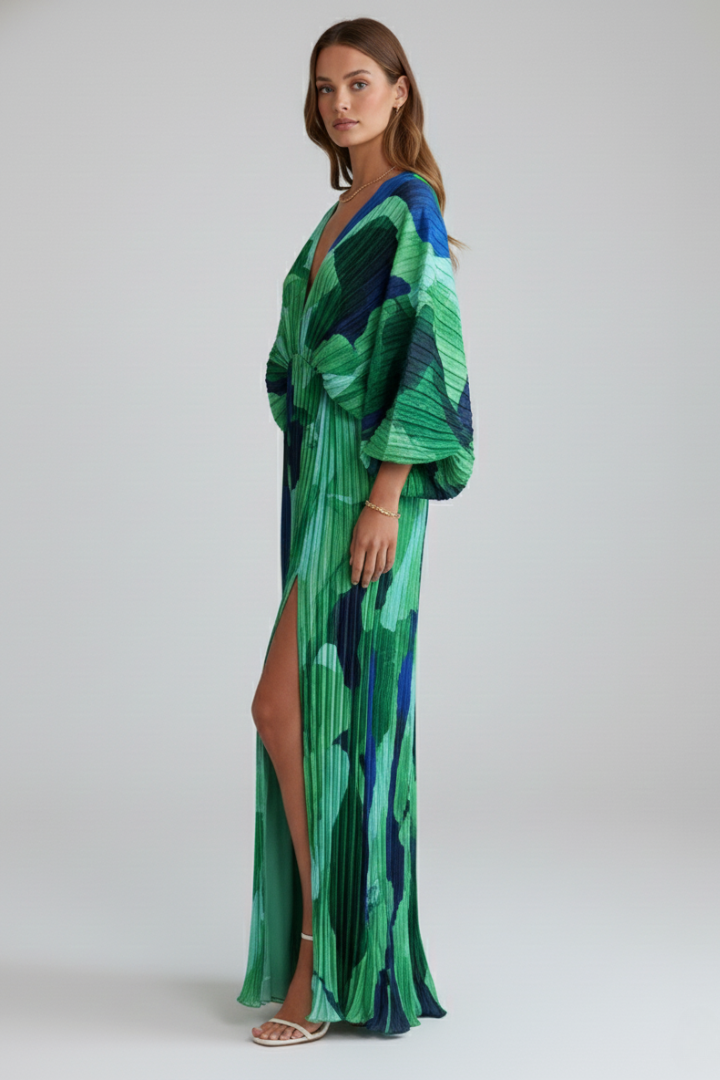 Women's Long Sleeve Maxi Dress with a V Neck | Pleated Fabric and a Printed Green Design | Size S-XL