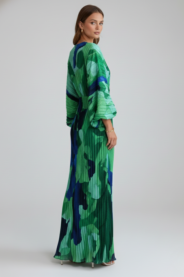 Women's Long Sleeve Maxi Dress with a V Neck | Pleated Fabric and a Printed Green Design | Size S-XL