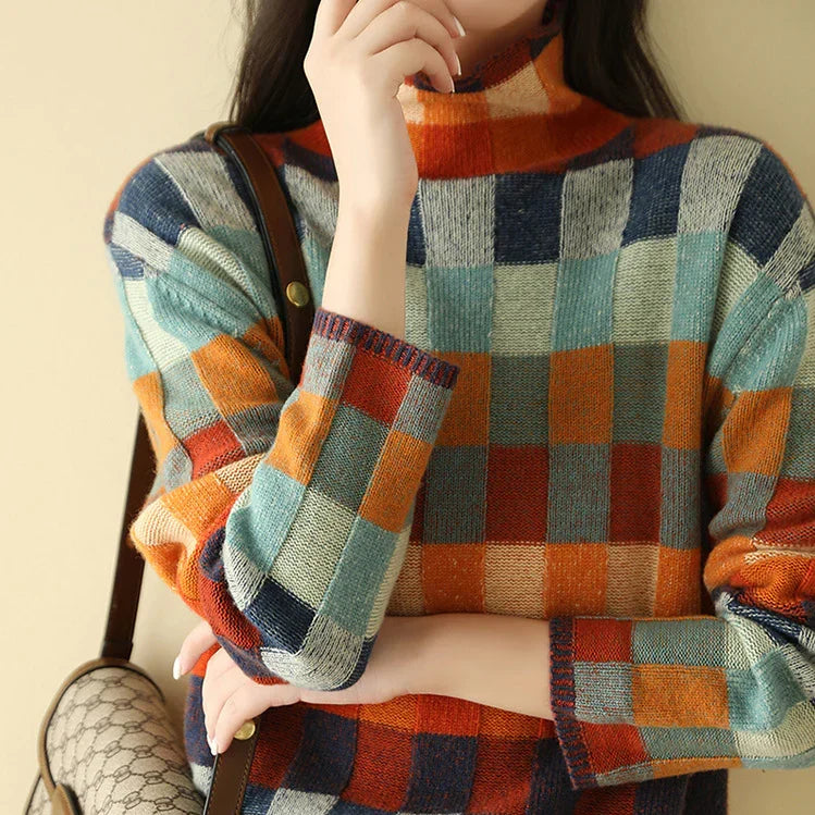 Cordelia | Women's Checked Knit Long Sleeve Sweater with Ribbed Cuffs
