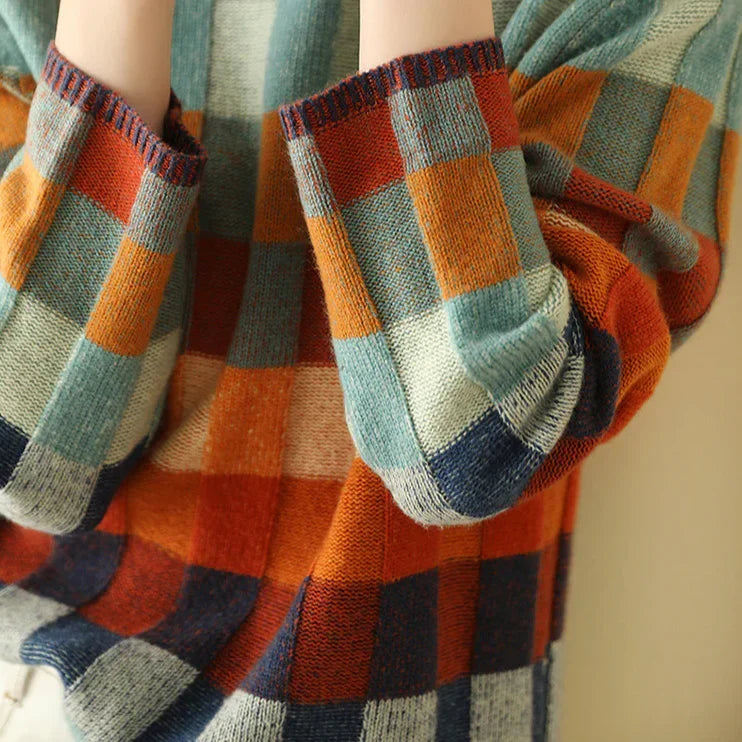 Cordelia | Women's Checked Knit Long Sleeve Sweater with Ribbed Cuffs