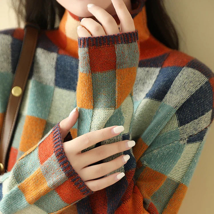 Cordelia | Women's Checked Knit Long Sleeve Sweater with Ribbed Cuffs