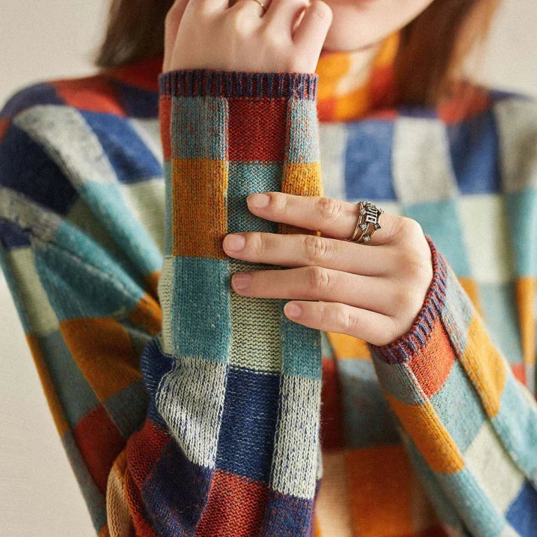 Cordelia | Women's Checked Knit Long Sleeve Sweater with Ribbed Cuffs