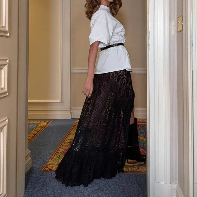 Cordelia | Women's Lace Midi Skirt with Ruffle Hem and Asymmetric Hemline