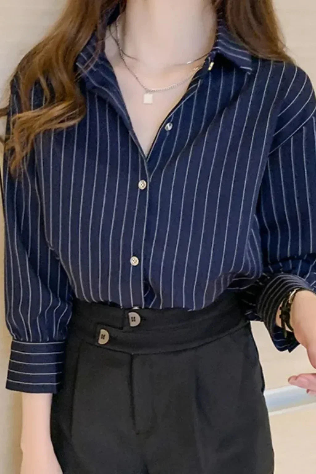 Cordelia | Women's Striped Button Up Shirt with Collar and Buttoned Cuffs