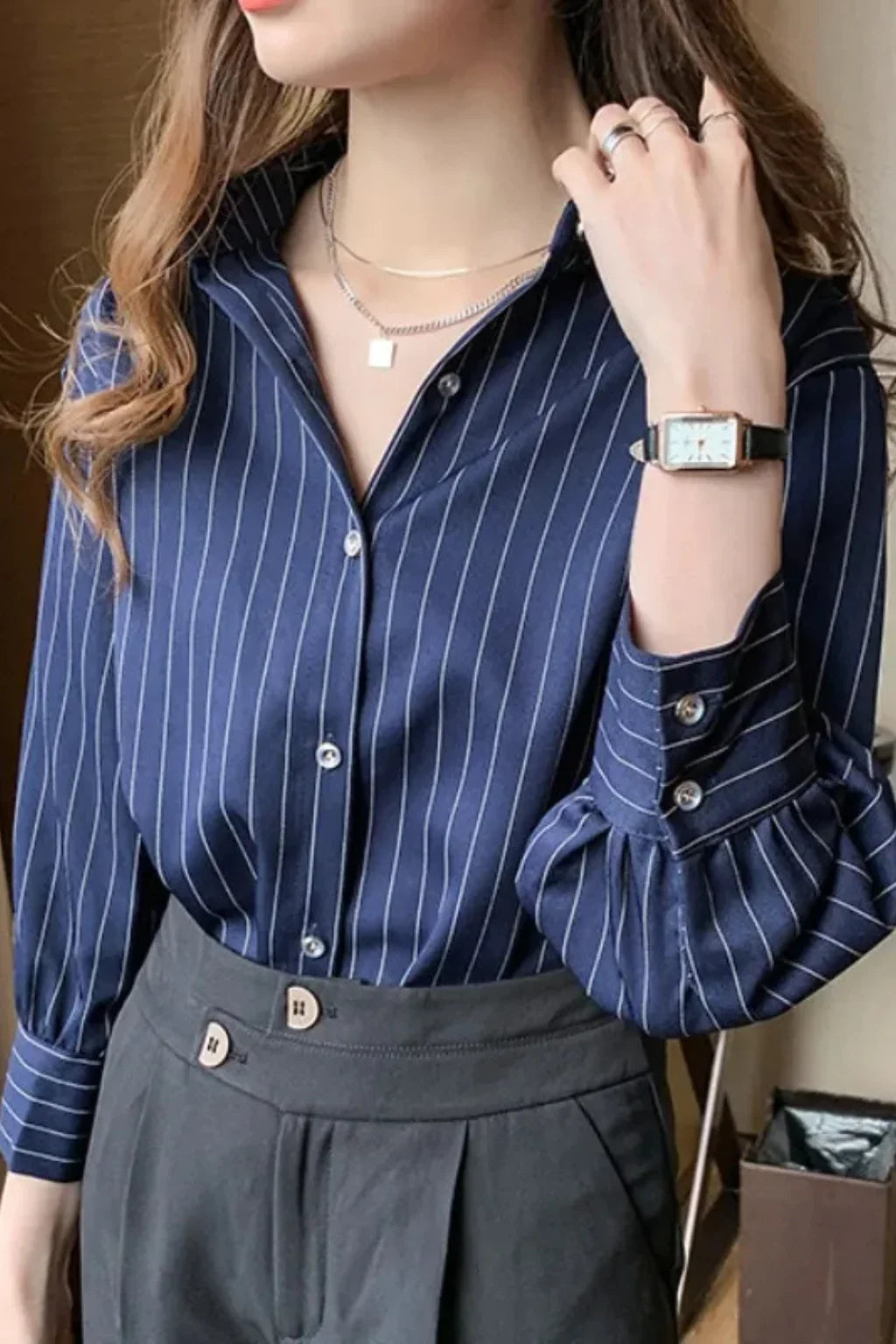 Cordelia | Women's Striped Button Up Shirt with Collar and Buttoned Cuffs