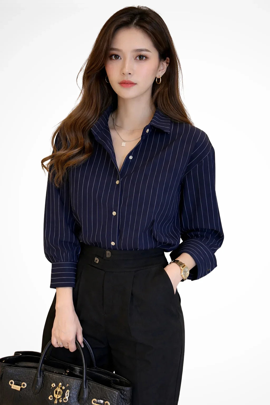 Cordelia | Women's Striped Button Up Shirt with Collar and Buttoned Cuffs